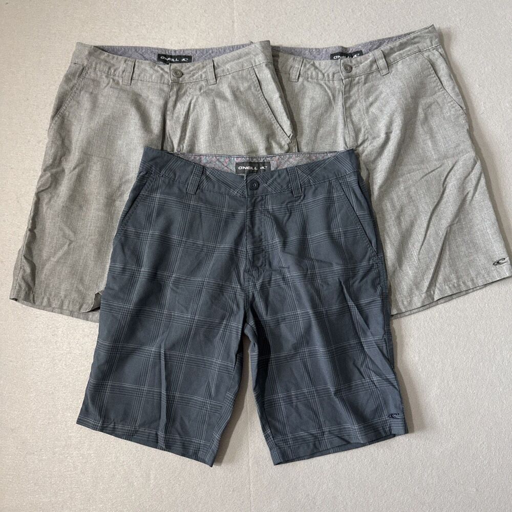 Set Of Three O'Neill  Men's Flat Front Shorts in Light Gray and Charcoal Plaid